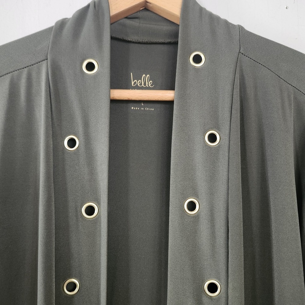 Belle Kim Gravel Womens Large Olive Green Gold Grommet Accent Open Cardigan Top - Picture 2 of 7